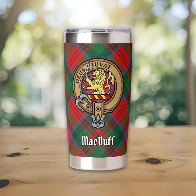 Clan MacDuff Wappen über Tartan Thermobecher (Von Creator hochgeladen)