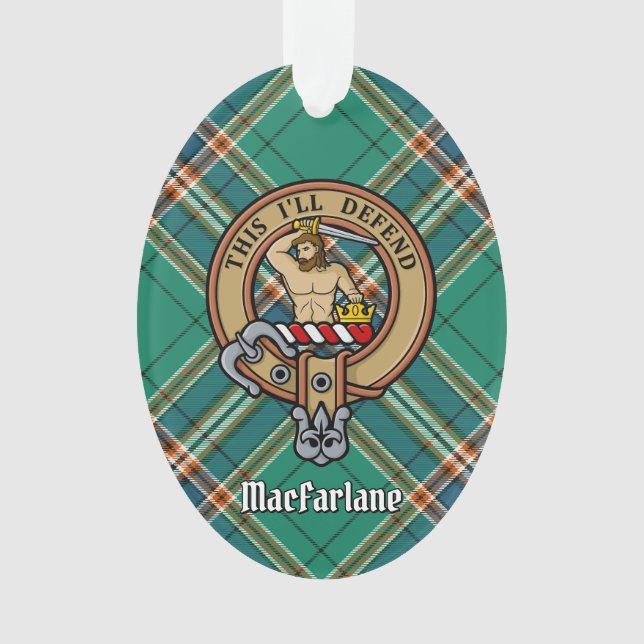 Clan MacFarlane Wappen über antikes Jagdtartan Ornament (Vorderseite)