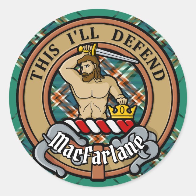 Clan MacFarlane Wappen über antikes Jagdtartan Runder Aufkleber (Vorderseite)