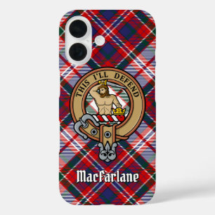Clan MacFarlane Wappen über Dress Tartan iPhone 16 Hülle