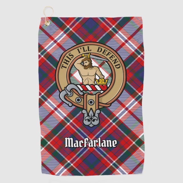 Clan MacFarlane Wappen über Dress Tartan Golfhandtuch (Vorderseite)