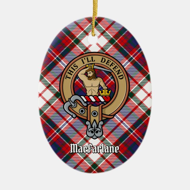 Clan MacFarlane Wappen über Dress Tartan Keramik Ornament (Vorne)