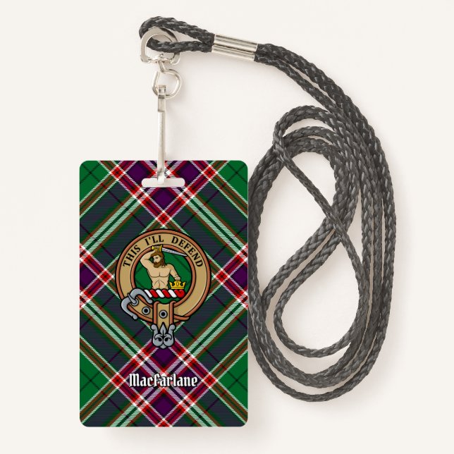Clan MacFarlane Wappen über Modern Hunting Tartan Ausweis (Vorderseite mit Schlüsselband)
