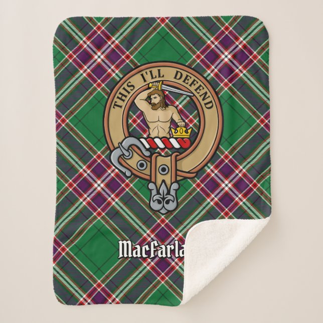 Clan MacFarlane Wappen über Modern Hunting Tartan Sherpadecke (Vorderseite)