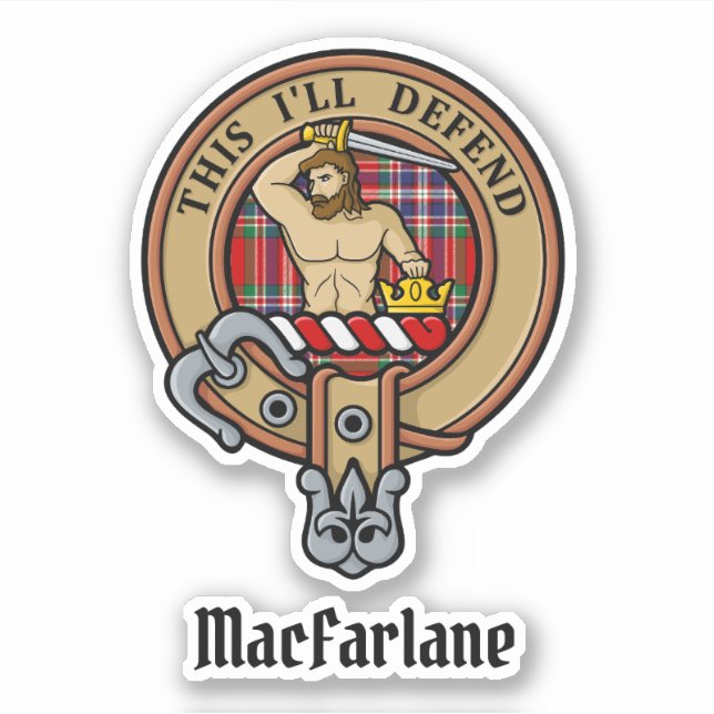Clan MacFarlane Wappen über Red Tartan Aufkleber (Vorderseite)