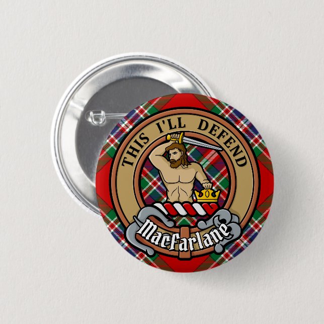 Clan MacFarlane Wappen über Red Tartan Button (Vorne & Hinten)