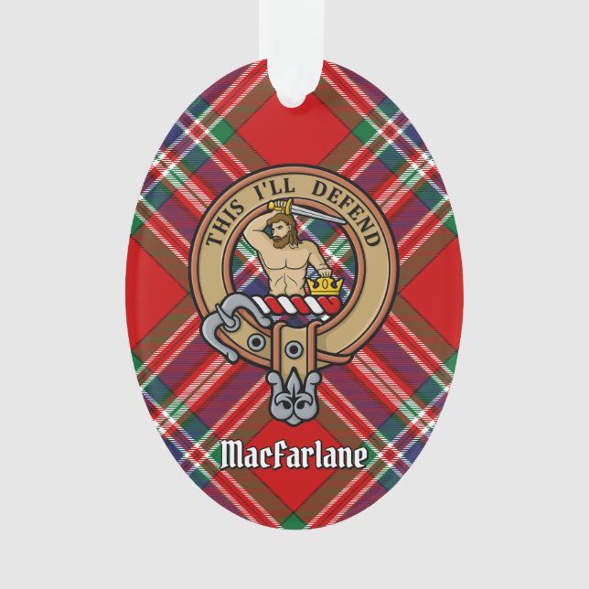 Clan MacFarlane Wappen über Red Tartan Ornament (Vorderseite)
