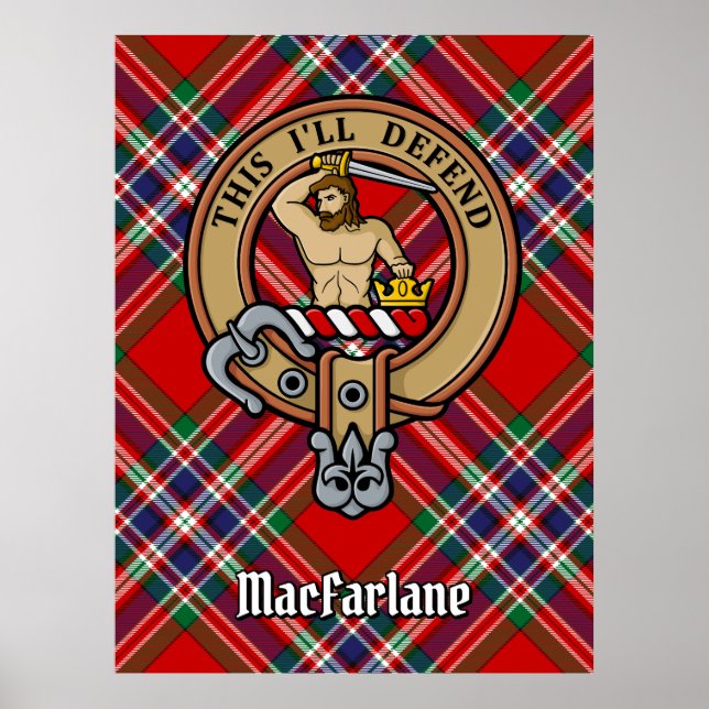 Clan MacFarlane Wappen über Red Tartan Poster (Vorne)