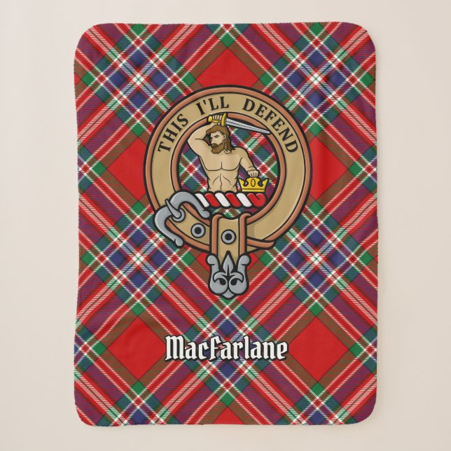 Clan MacFarlane Wappen über Red Tartan Sherpadecke (Vorderseite)