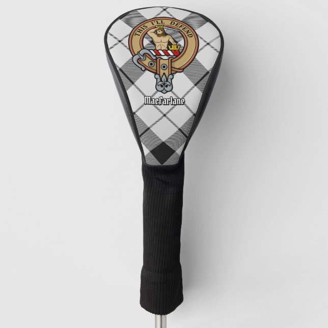 Clan MacFarlane Wappen über Schwarz-Weiß-Tartan Golf Headcover (Vorderseite)