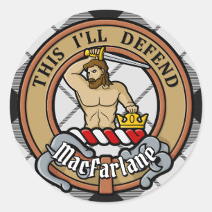 Clan MacFarlane Wappen über Schwarz-Weiß-Tartan Runder Aufkleber