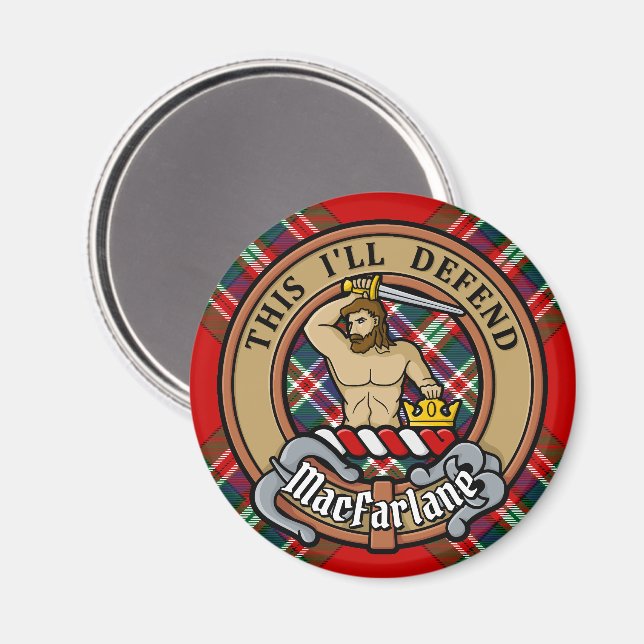 Clan MacFarlane Wappen über Tartan Magnet (Vorderseite/Rückseite)