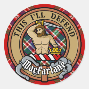 Clan MacFarlane Wappen über Tartan Runder Aufkleber