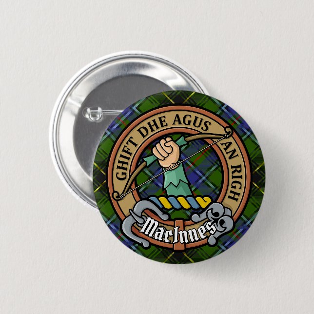 Clan MacInnes Wappen über Tartan Button (Vorne & Hinten)