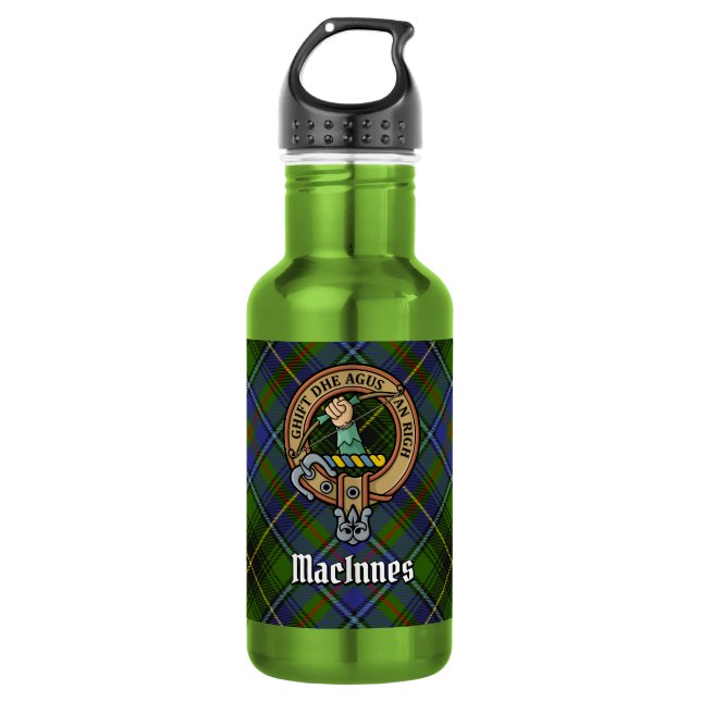 Clan MacInnes Wappen über Tartan Edelstahlflasche (Vorderseite)