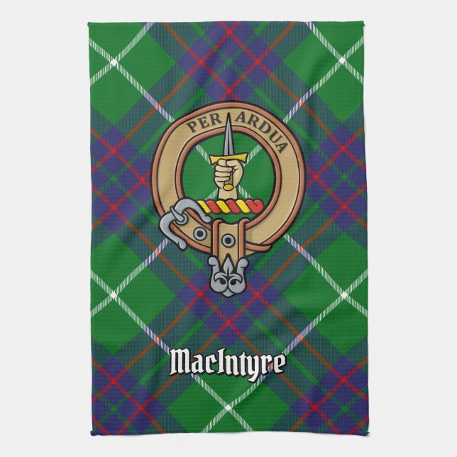 Clan MacIntyre Wappen über Jagd auf Tartan Geschirrtuch (Vertikal)