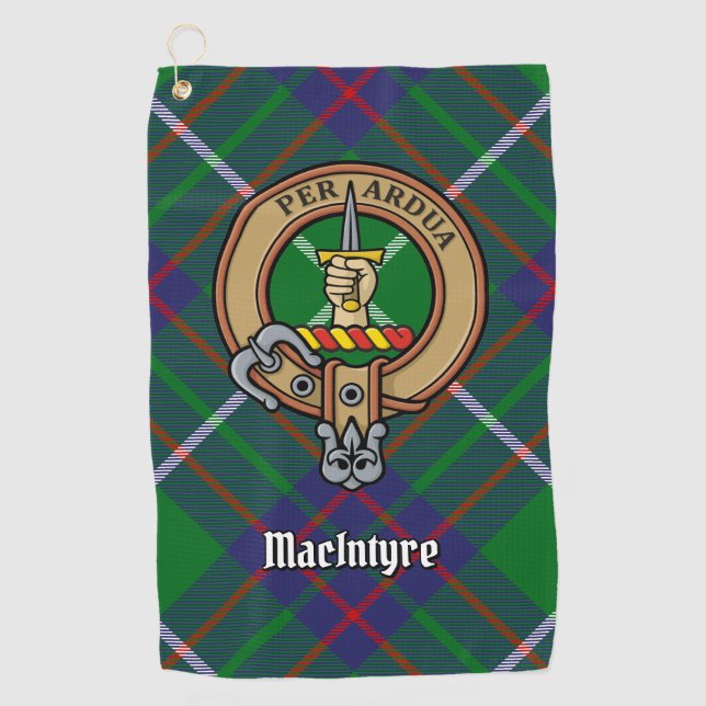 Clan MacIntyre Wappen über Jagd auf Tartan Golfhandtuch (Vorderseite)