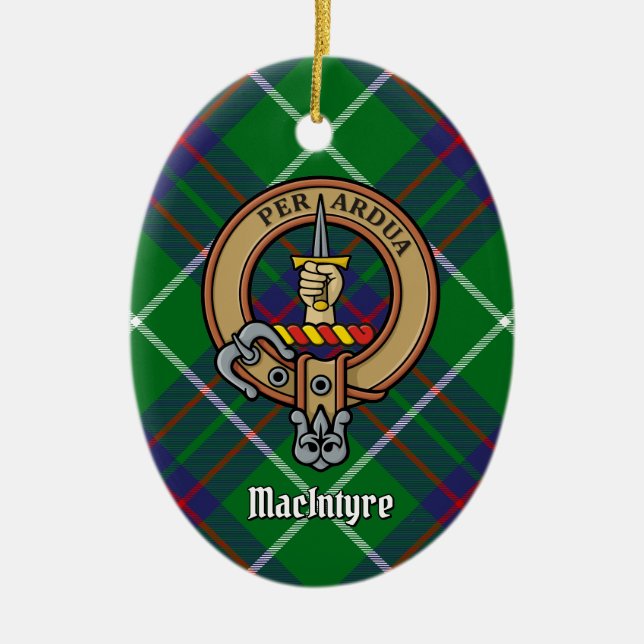 Clan MacIntyre Wappen über Jagd auf Tartan Keramik Ornament (Vorne)