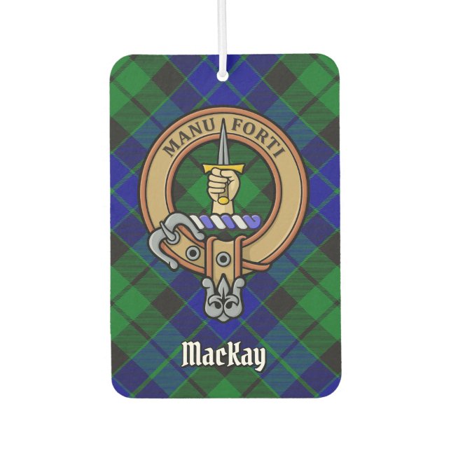 Clan MacKay Wappen über Blue Tartan Autolufterfrischer (Vorderseite)