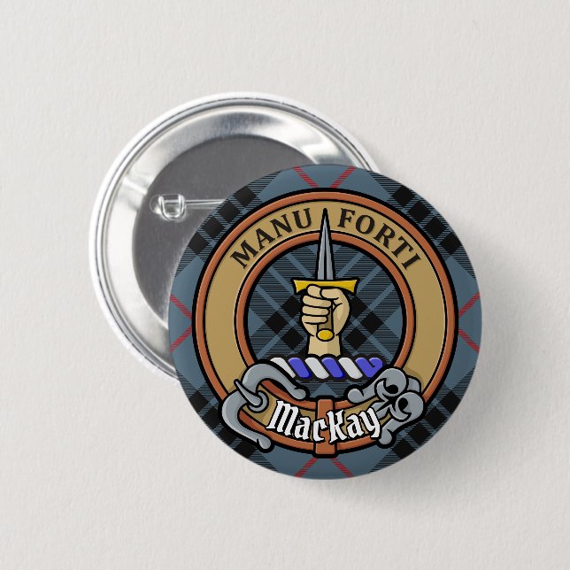 Clan MacKay Wappen über Blue Tartan Button (Vorne & Hinten)