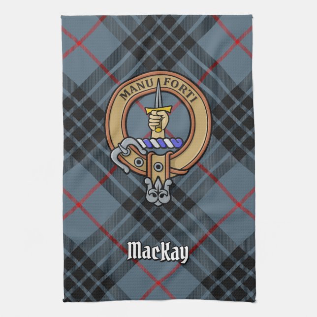 Clan MacKay Wappen über Blue Tartan Geschirrtuch (Vertikal)