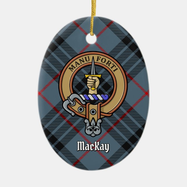 Clan MacKay Wappen über Blue Tartan Keramik Ornament (Vorne)
