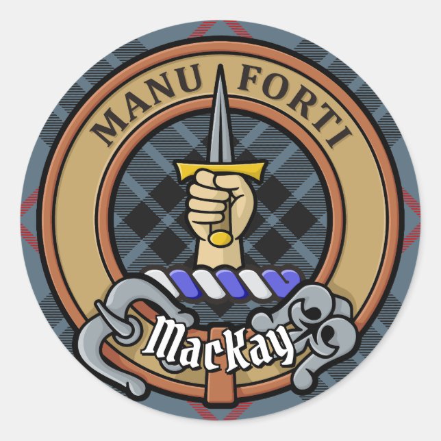 Clan MacKay Wappen über Blue Tartan Runder Aufkleber (Vorderseite)