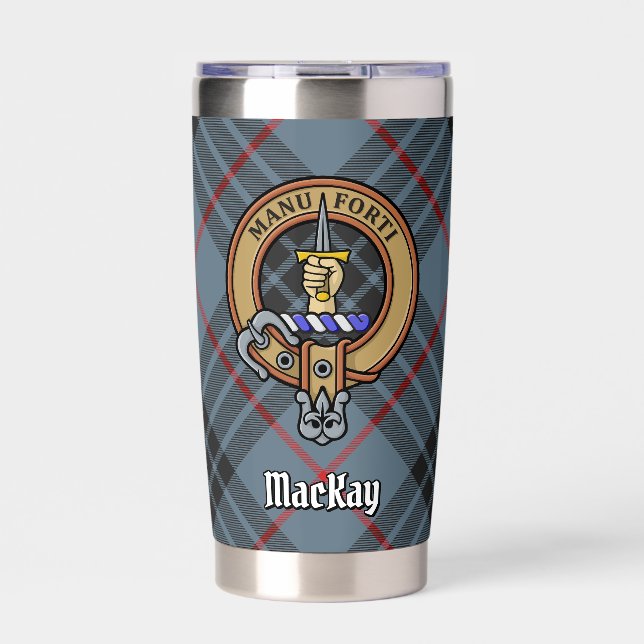Clan MacKay Wappen über Blue Tartan Thermobecher (Vorderseite)