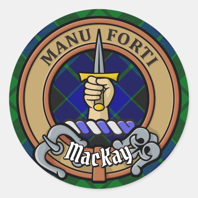 Clan MacKay Wappen über Tartan Runder Aufkleber (Vorderseite)