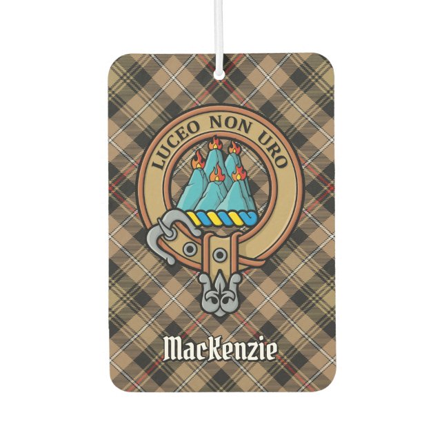 Clan MacKenzie Wappen über Brown Hunting Tartan Autolufterfrischer (Vorderseite)