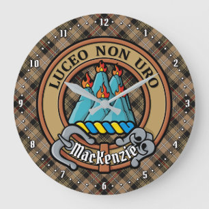 Clan MacKenzie Wappen über Brown Hunting Tartan Große Wanduhr