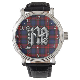 Clan MacLachlan Letter M Monogram Red Blue Tartan Armbanduhr
