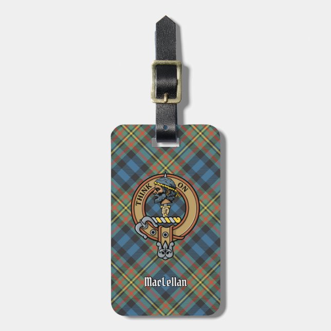 Clan MacLellan Wappen über altem Tartan Gepäckanhänger (Vorderseite vertikal)