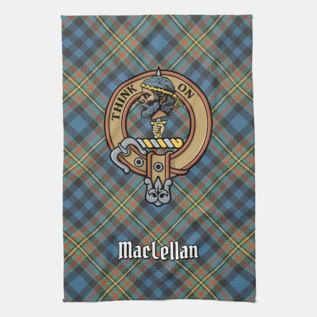 Clan MacLellan Wappen über altem Tartan Geschirrtuch (Vertikal)