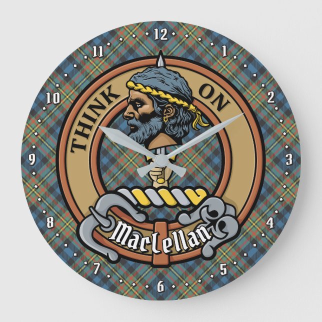 Clan MacLellan-Wappen über altem Tartan Große Wanduhr (Vorderseite)