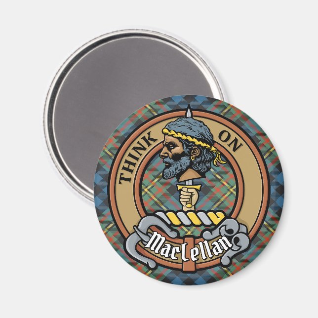 Clan MacLellan-Wappen über altem Tartan Magnet (Vorderseite/Rückseite)