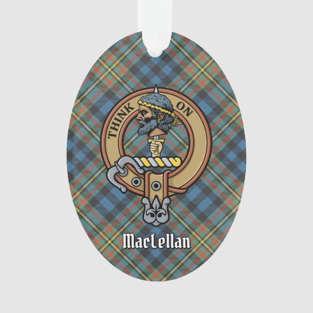 Clan MacLellan Wappen über altem Tartan Ornament (Vorderseite)
