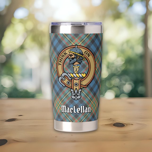 Clan MacLellan-Wappen über altem Tartan Thermobecher (Von Creator hochgeladen)