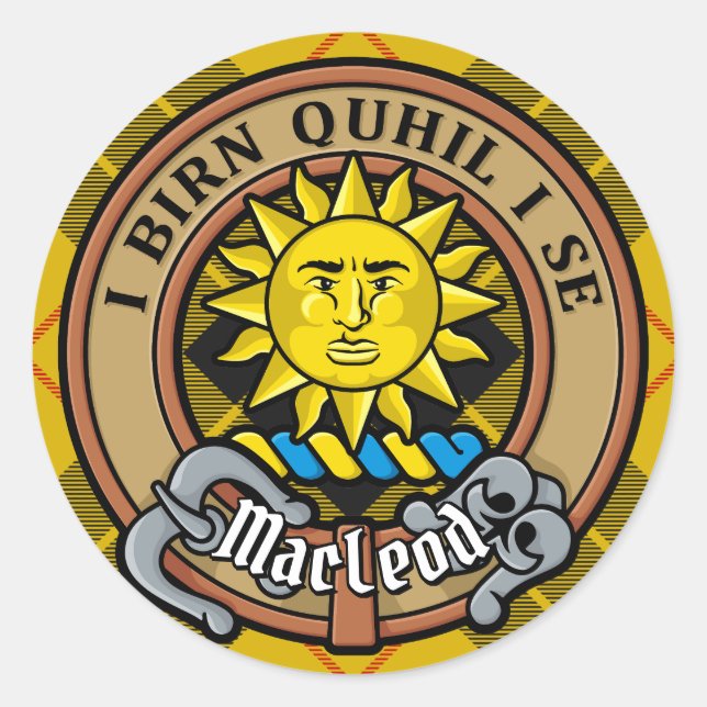 Clan MacLeod von Lewis Wappen über Tartan Runder Aufkleber (Vorderseite)