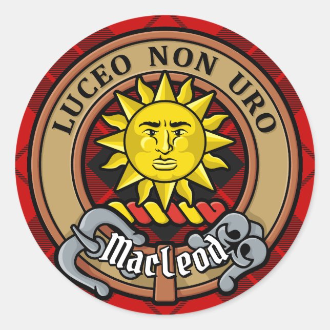 Clan MacLeod von Raasay Wappen über Tartan Runder Aufkleber (Vorderseite)