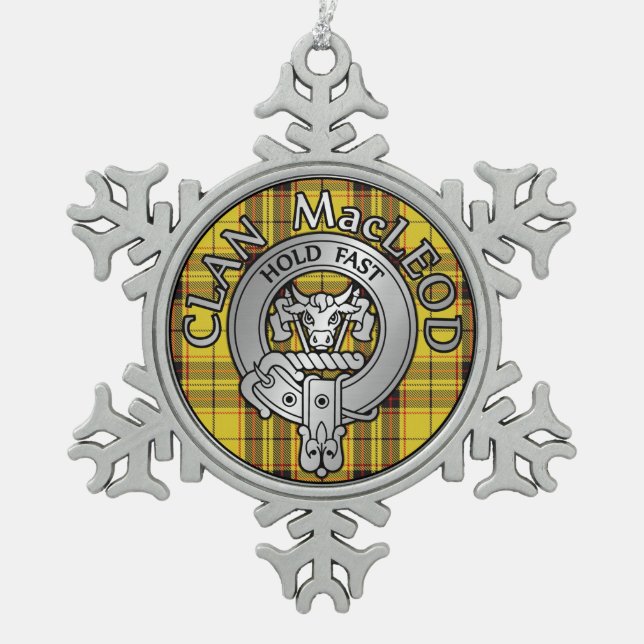 Clan MacLeod Wappen & Tartan Schneeflocken Zinn-Ornament (Vorderseite)