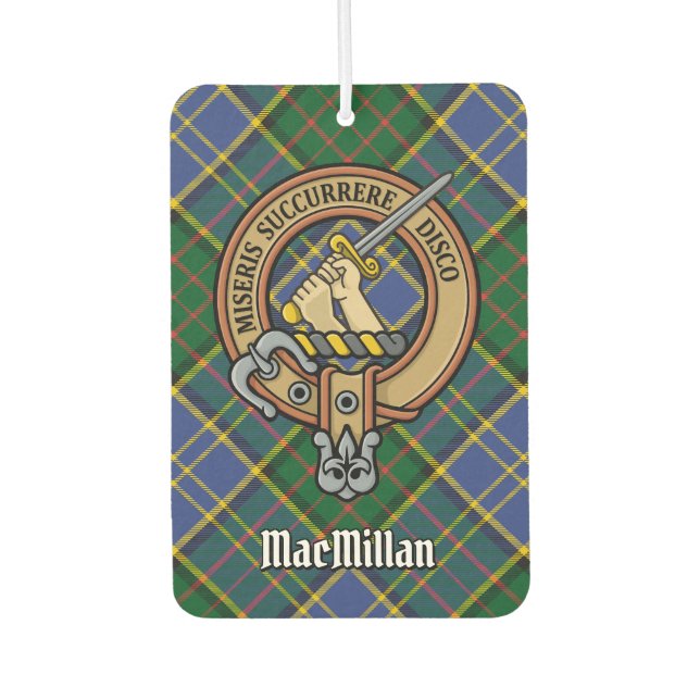 Clan MacMillan Wappen über die Jagd auf Tartan Autolufterfrischer (Vorderseite)