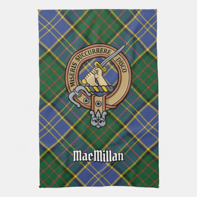 Clan MacMillan Wappen über die Jagd auf Tartan Geschirrtuch (Vertikal)