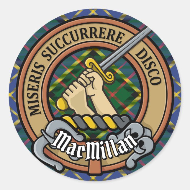Clan MacMillan Wappen über die Jagd auf Tartan Runder Aufkleber (Vorderseite)