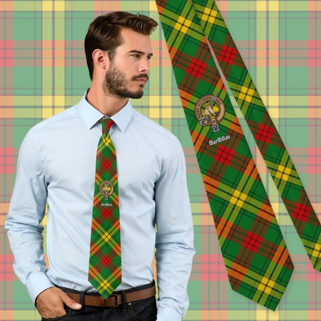 Clan MacMillan Wappen über Tartan Krawatte (Von Creator hochgeladen)