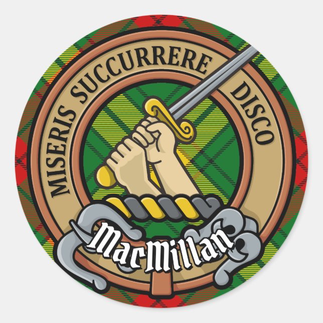 Clan MacMillan Wappen über Tartan Runder Aufkleber (Vorderseite)