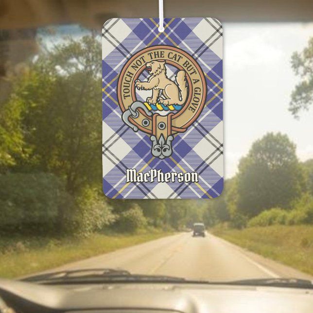 Clan MacPherson Wappen über Blue Dress Tartan Autolufterfrischer (Von Creator hochgeladen)