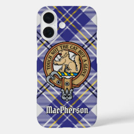 Clan MacPherson Wappen über Blue Dress Tartan iPhone 16 Hülle