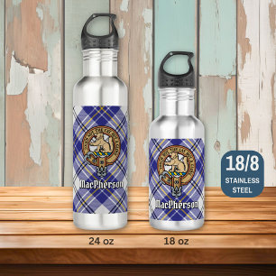 Clan MacPherson Wappen über Blue Dress Tartan Edelstahlflasche