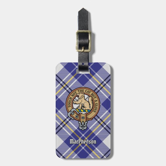 Clan MacPherson Wappen über Blue Dress Tartan Gepäckanhänger (Vorderseite vertikal)